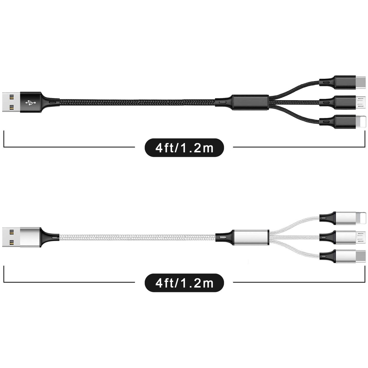 Multi USB Charging Cable 3A, (2Pack 6.6FT)3 in 1 Fast Charger Cord Connector with Dual Phone/Type C/Micro USB Port Adapter, Compatible with Tablets Phone 12 11 Pro 8 7 6 Samsung Galaxy(Charging Only)