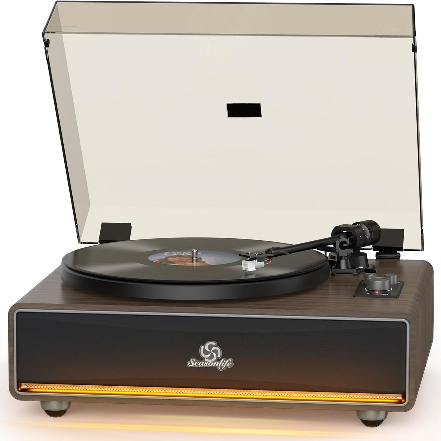 Vinyl Record Player Built in HiFi Stereo Speakers BT Wireless Input Belt Drive Iron Platter Turntables for Vinyls Records with MM Audio AT-3600L Cartridge Soft Warm Light Design Wooden Cream Brown