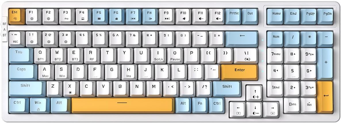 Wireless Mechanical Keyboard, Triple Mode 2.4G/USB-C/BT Gaming Keyboards 100 Keys Ice-Blue Backlit Brown Switch Keyboard | Rechargeable Mechanical Gaming Keyboards | Ice Blue/W/Y