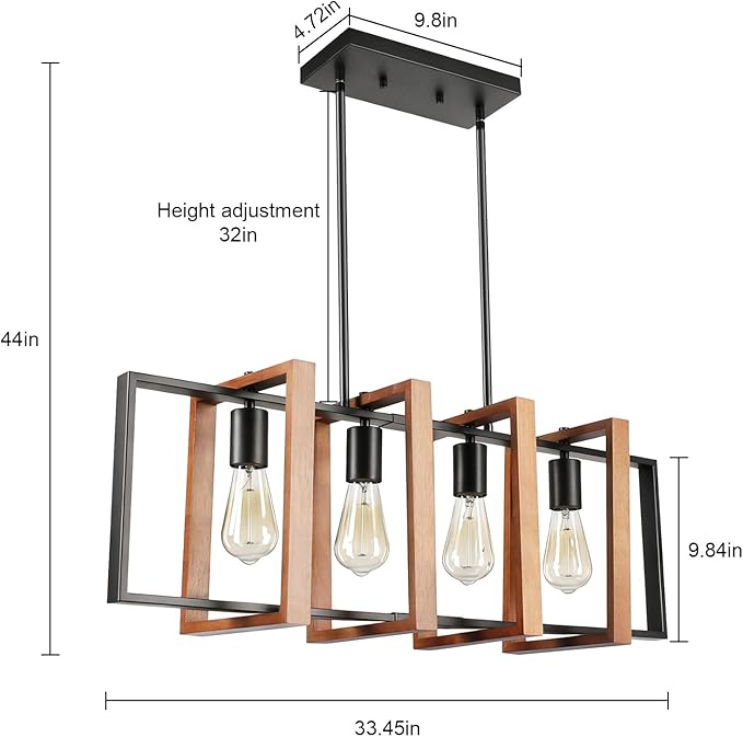 4-Light Island Lights for Kitchen, Rectangular Wood and Black Metal Kitchen Island Chandelier 31.5" Adjustable Rustic Modern Dining Room Light Fixtures Over Table, Chandeliers for Dining Room