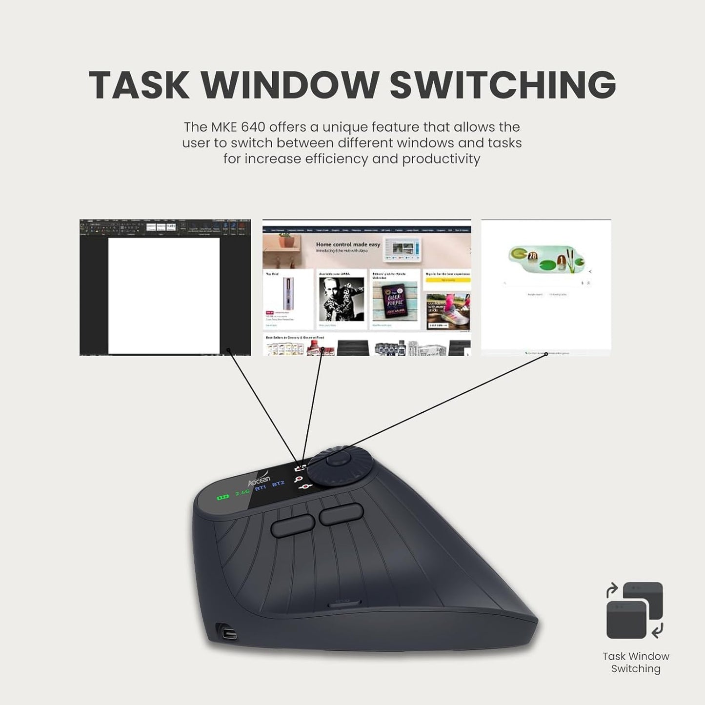 Vertical Ergonomic Mouse 2.4G Wireless BT Task Window Switching and Horizontal Scrolling,Adjustable DPI, Lightweight for Laptop,Desktop,PC,MacBook, Black (MKE 604)