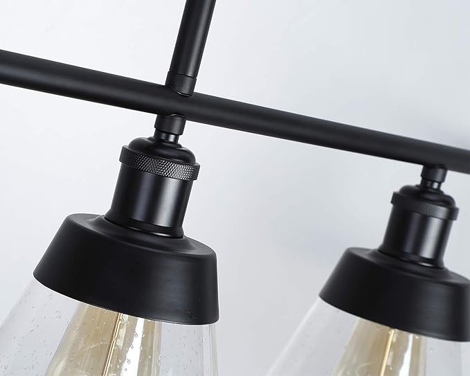 Fivess Lighting 3-Light Farmhouse Black Kitchen Island Lighting, Clear Seeded Glass Linear Chandelier, Adjustable Rods Industrial Rustic Pendant Light Fixture for Kitchen Island Dining Room