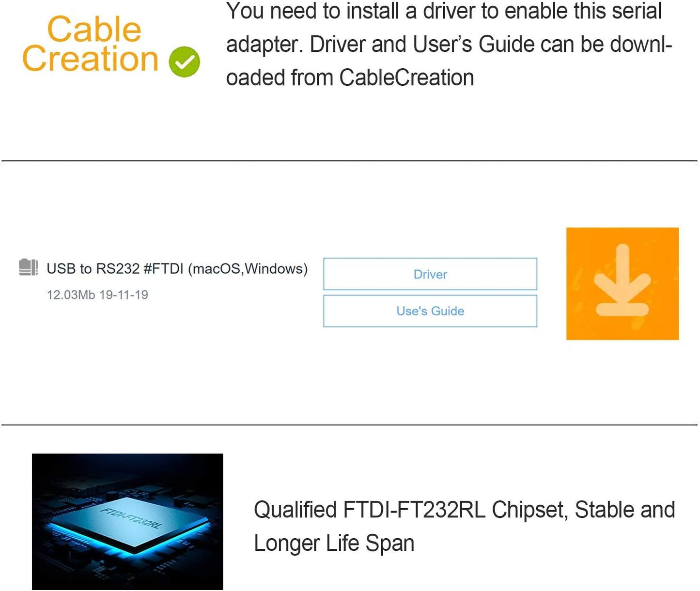 CableCreation USB to RS232 Serial Adapter (FTDI Chipset), USB to RS232 Gold Plated DB9 Serial Converter Cable for Windows 11, 10, 8.1, 8, 7, Vista, XP, 2000, Linux and Mac OS X, macOS, 6.6 Feet/2M