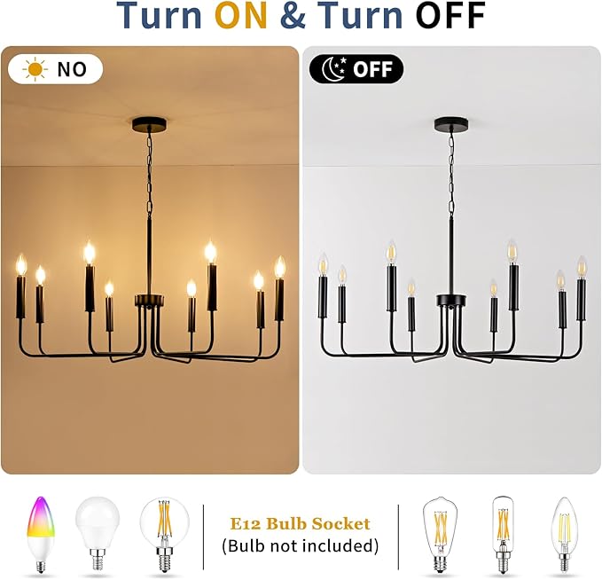 Farmhouse Candle Chandelier, 8 Light Rustic Black Ceiling Pendant Light Fixture, L-Arm Design Industrial Dining Room Hanging Lighting for Living Room, Entryway, Foyer, Kitchen Island