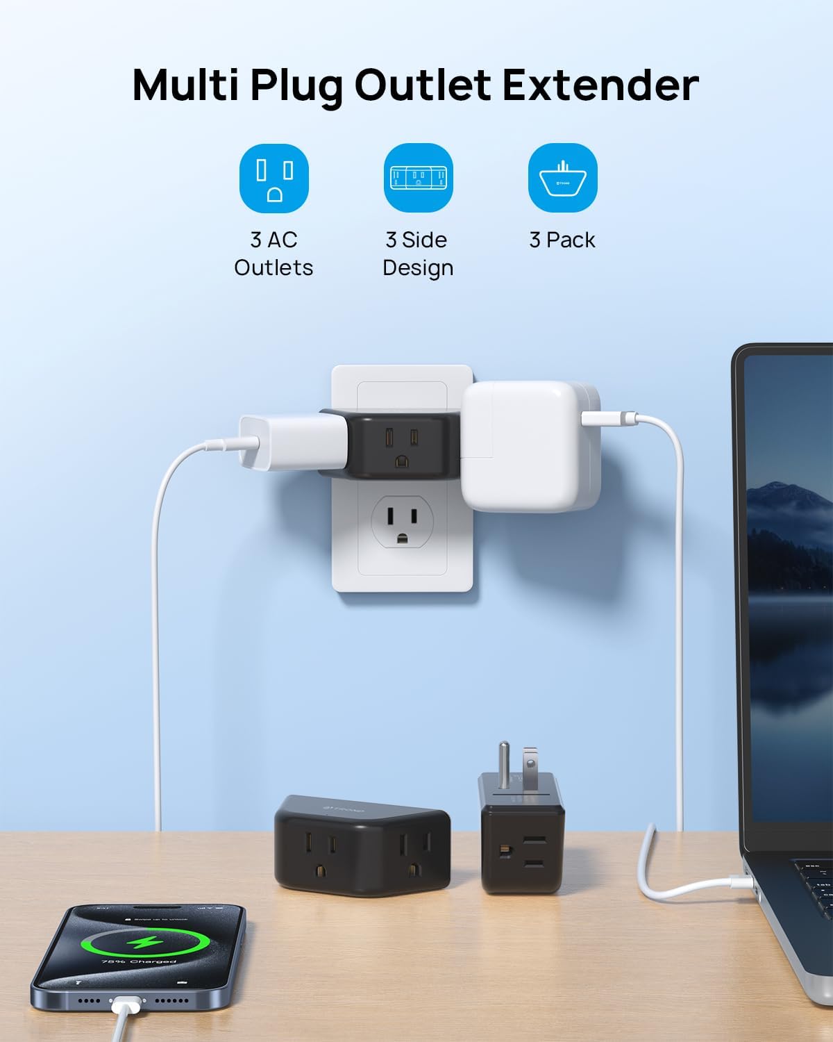 TROND Multi Plug Outlet 3 Pack - Wall Extender with 3-Prong Grounded Sockets, 3 Way Angled Outlet Adapter, Cruise Essentials, Expander for Travel, Home, Hotel, Dorm Room, Black
