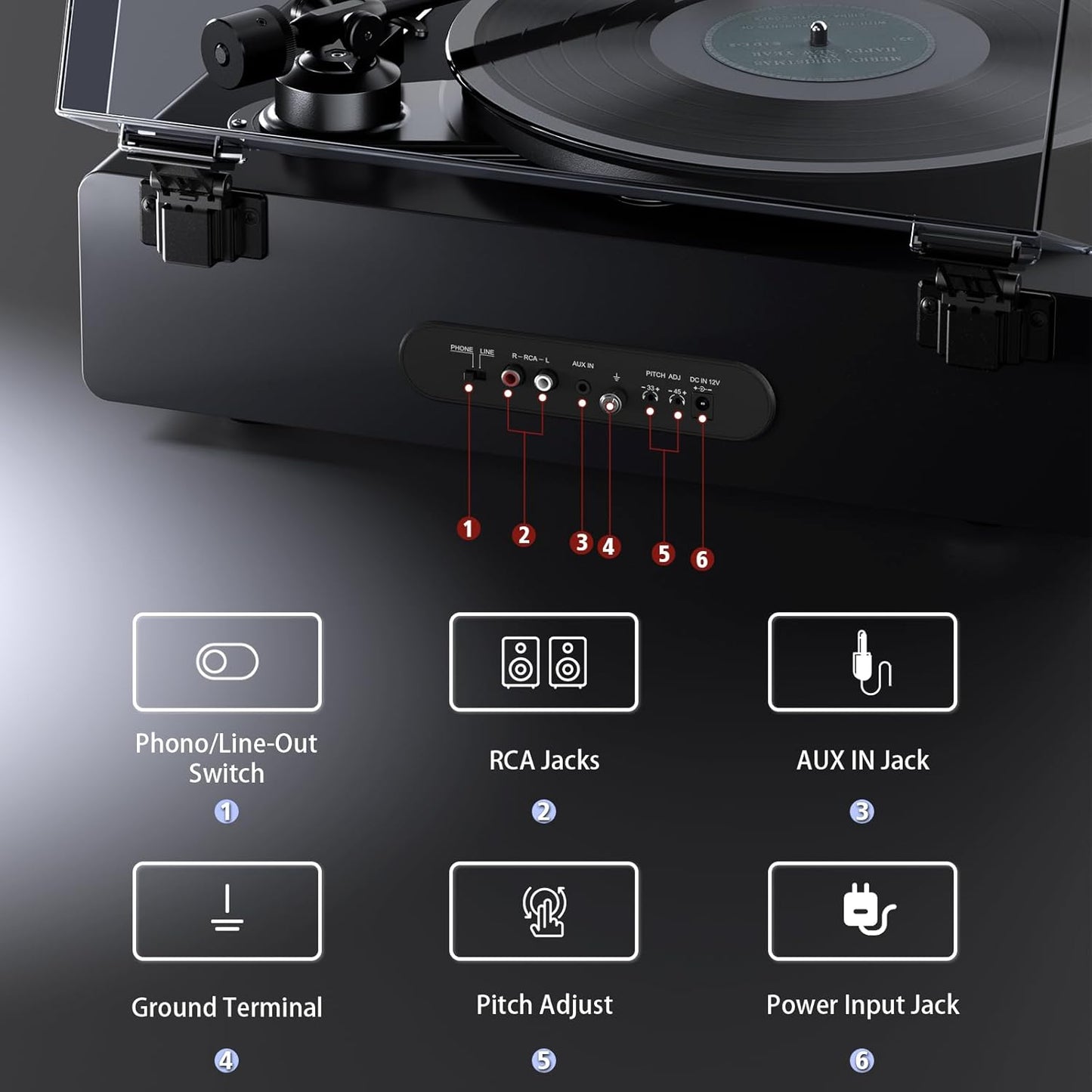 1 by ONE High Fidelity Record Player, All-in-One Turntable with Built in Speakers Phono Preamp, Magnetic AT-3600L Cartridge, RCA Output, Belt Drive 2-Speed, Piano Lacquer Grey