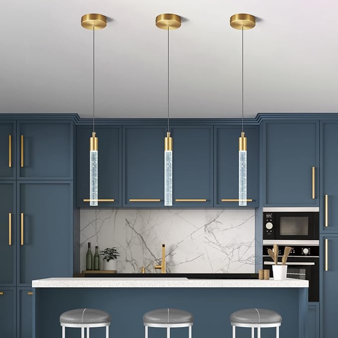 Modern Kitchen Island Pendant Light Dimmable LED Gold Brass Finish Mini Crystal Pendant Lighting Bedroom Bedside Table Small Pendant Lights（3-Pack）