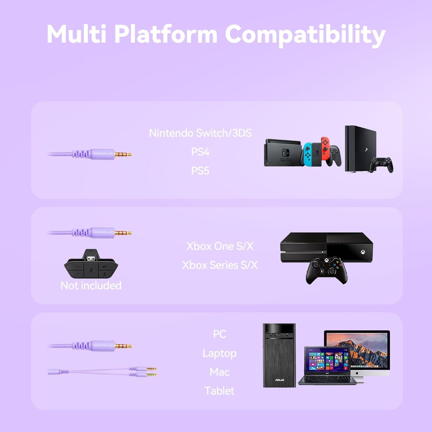 Gaming Headset with Microphone for Pc, Xbox One Series X/s, Ps4, Ps5, Switch, Stereo Wired Noise Cancelling Over-Ear Headphones with Mic, RGB, for Computer, Laptop, Mac, Nintendo (White Purple)