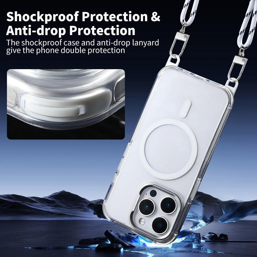 for iPhone 14 Pro Case with 62.99 inch Lanyard, Classic Clear&White Magnetic Phone Case, Drop&Shockproof Protection Cases, Phone Lanyard for Around The Neck, Compatible with Magnet Accessory