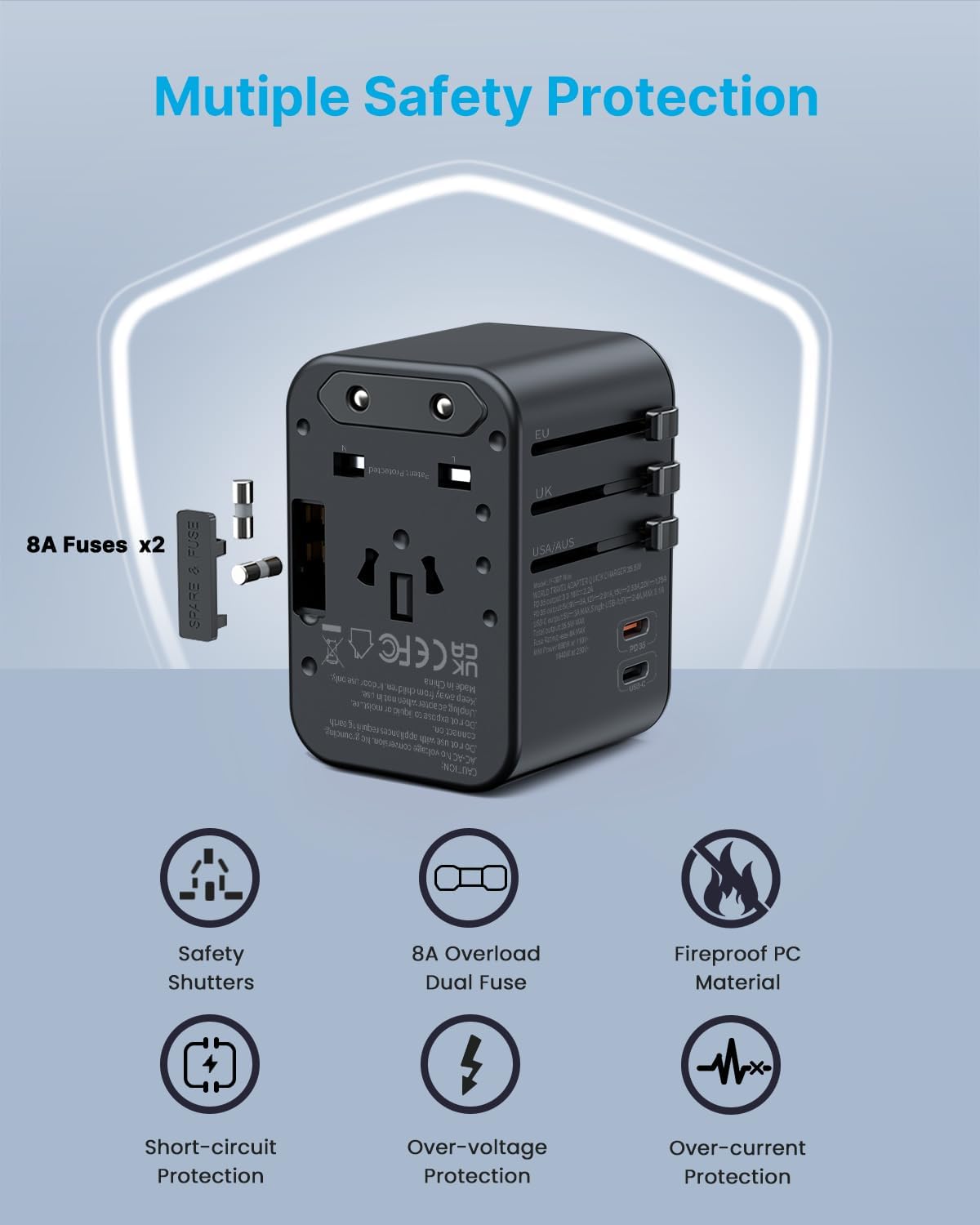 Universal Travel Adapter, VINTAR 35.5W International Power Adapter with 3 USB A QC and 2 USB C PD, All in One Plug Adapter Worldwide Travel Essentials for EU/UK/USA/AUS(Type C/G/A/I), Black