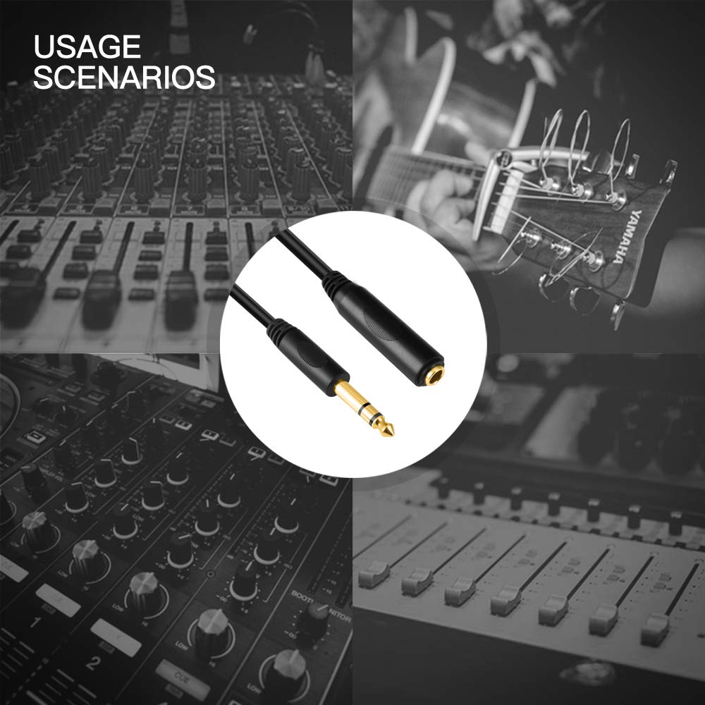 Devinal 6.35mm 1/4" inch TRS Plug Male to 1/4 Female Headphone Guitar Extension Cable Cord, Gold Plated Audio Cable Stereo Extender, 10 feet (3 M)
