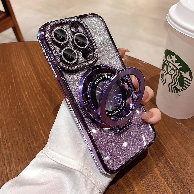 Magnetic Kickstand (Glitter Lens Protector ) Case for IPhone 15 14 13 12 Pro Max (Compatible with Magsafe ) Sparkling Diamond Cover Glitter Shiny Rhinestone Cases (Purple,for iPhone 15)