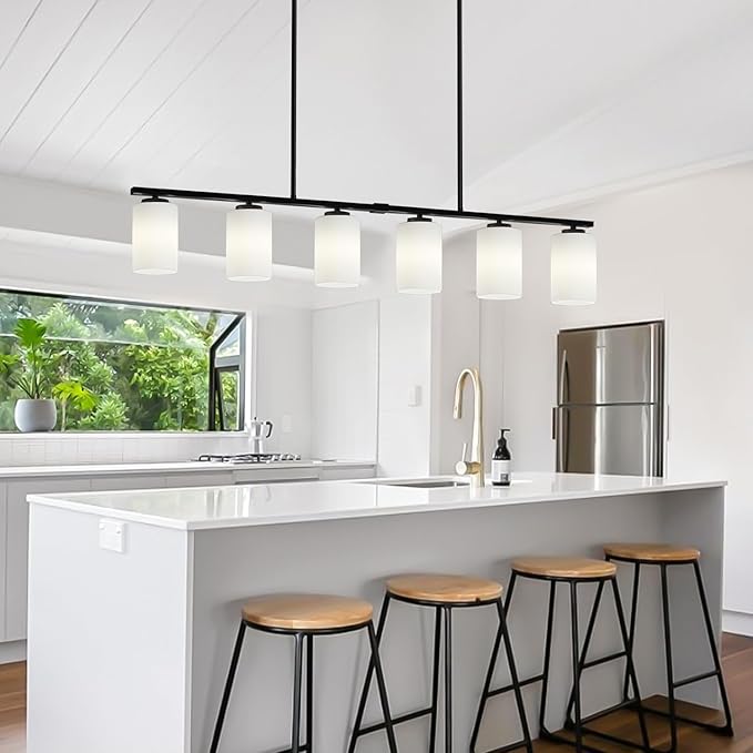 6-Light Island Lights for Kitchen Pendant Lighting Over Island Black Dining Room Light Fixtures Over Table, 45.27'' Modern Farmhouse Large Chandeliers with Milky Glass Shade
