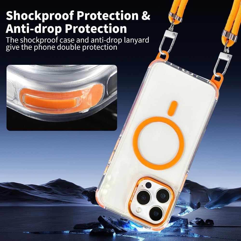 for iPhone 15 Pro Max Case with Phone Lanyard Strap, Compatible with MagSafe, Shockproof Military-Grade Protection, Non-Yellowing, Around The Neck Magnetic Classic Hybrid Case, Clear Orange