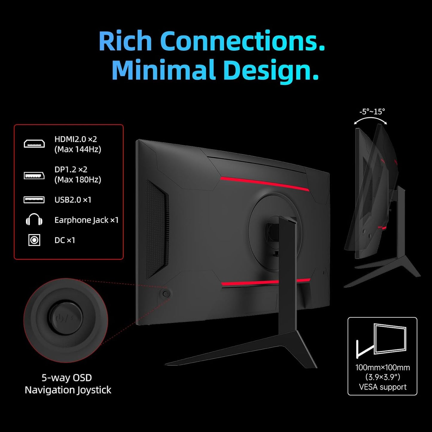 KTC 27 inch WQHD 180Hz 1ms Curved Gaming Monitor 1440P 144Hz Monitor 132% sRGB HVA FreeSync DisplayPort/HDMI/USB VESA Computer Monitor for Gamers (DP Cable Included)