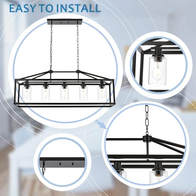 BONLICHT Kitchen Island Lighting 5 Light Modern Farmhouse Metal Cage Chandeliers with Clear Glass Shade Black Industrial Rectangle Dining Room Light Fixture Hanging Pendant Lamp for Foyer Bar Entryway