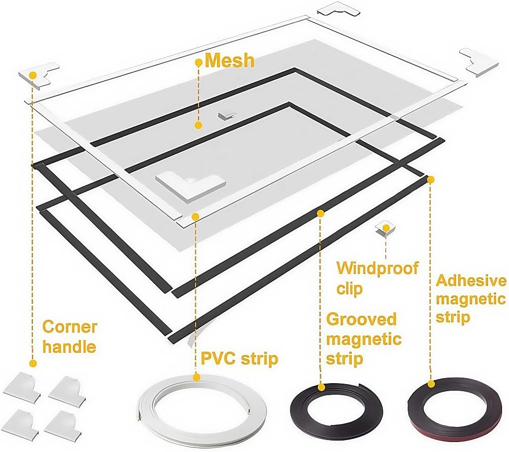 VKX Adjustable DIY Magnetic Window Screen, Fiberglass Mesh, Strong(720GS) Magnetic Strips, White Frames Grey Mesh, Suitable for Various Types of Screen Windows (48 "x 60")
