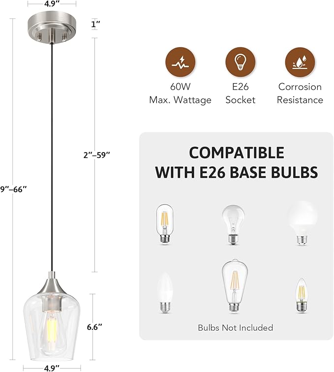 VONLUCE Pendant Lights Kitchen Island, Brushed Nickel Pendant Light Fixtures with E26 Base & Adjustable Cable, Modern Pendant Lighting with Glass Shade for Living Room Bedroom Hallway, 3 Packs