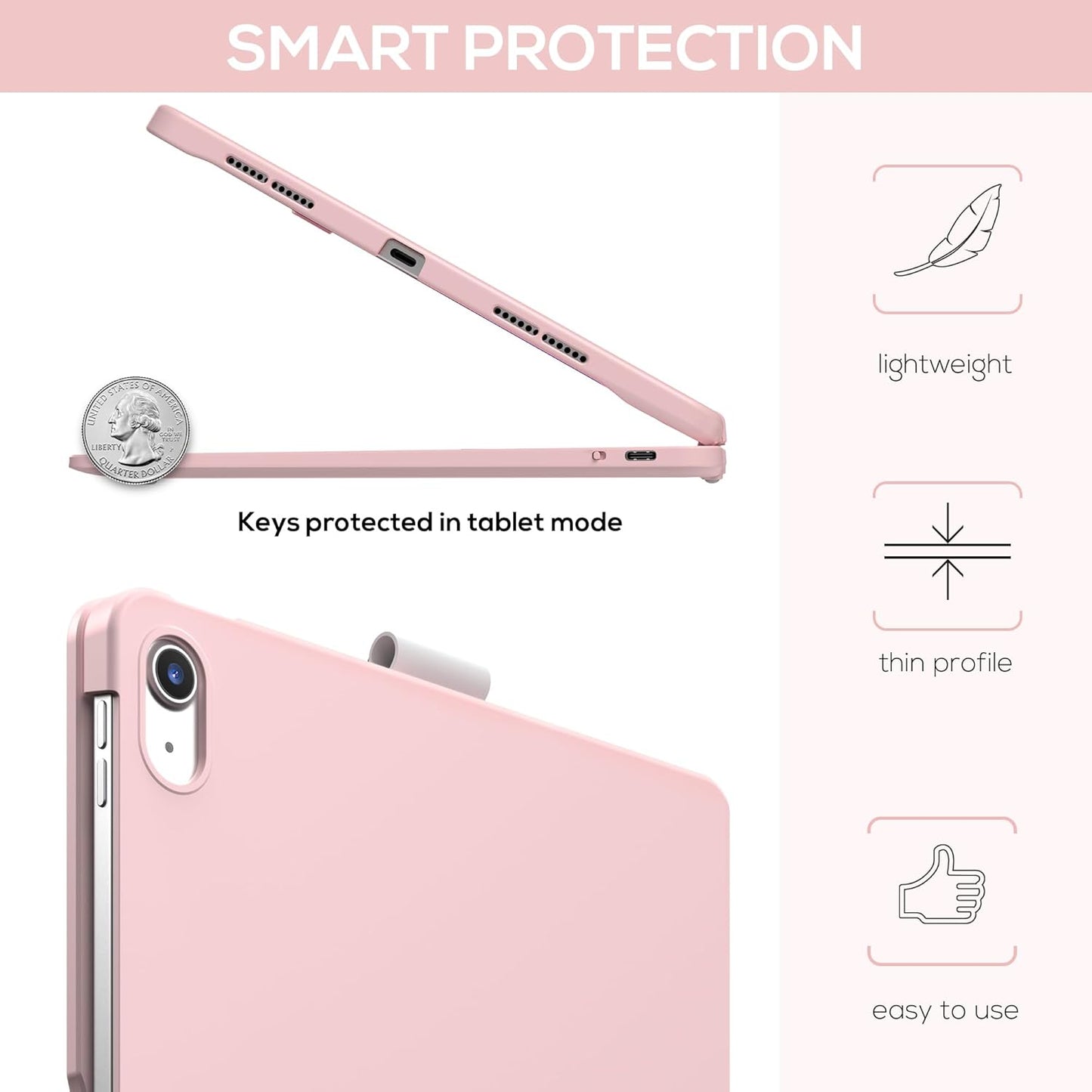 typecase Touch iPad 10th Generation Case with Keyboard (10.9", 2022) and iPad A16 (11th Gen, 2025) – 360° Rotatable, 11-Color Backlit, Multi-Touch Trackpad, Thin & Light (Light Pink)