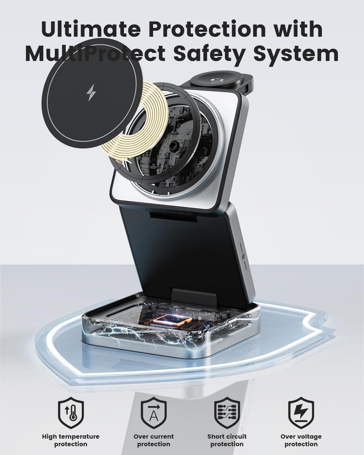 3-in-1 Wireless Charger for iPhone,15W Fast Wireless Charging Station Compatible with Mag-Safe Charger,Magnetic Foldable Travel Charger Stand Nightstand for iPhone 16/15/14/13/12,Apple Watch&AirPods