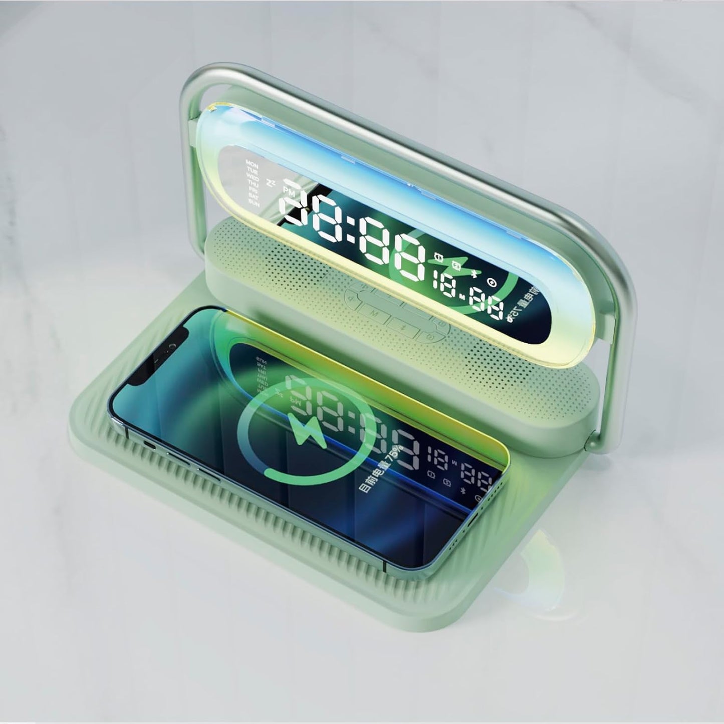 4-in-1 Multifunction Mobile Wireless Charger with Colorful Night Lights, Bluetooth Speaker, Digital Clock Alarm ; M11