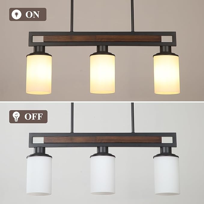 Farmhouse Dining Room Light Fixture, 3-Light Wood Kitchen Island Lighting for Dining Room Over Table, Black Adjustable Pendant Light with Milk Glass Shades, Linear Chandeliers Lighting for Kitchen