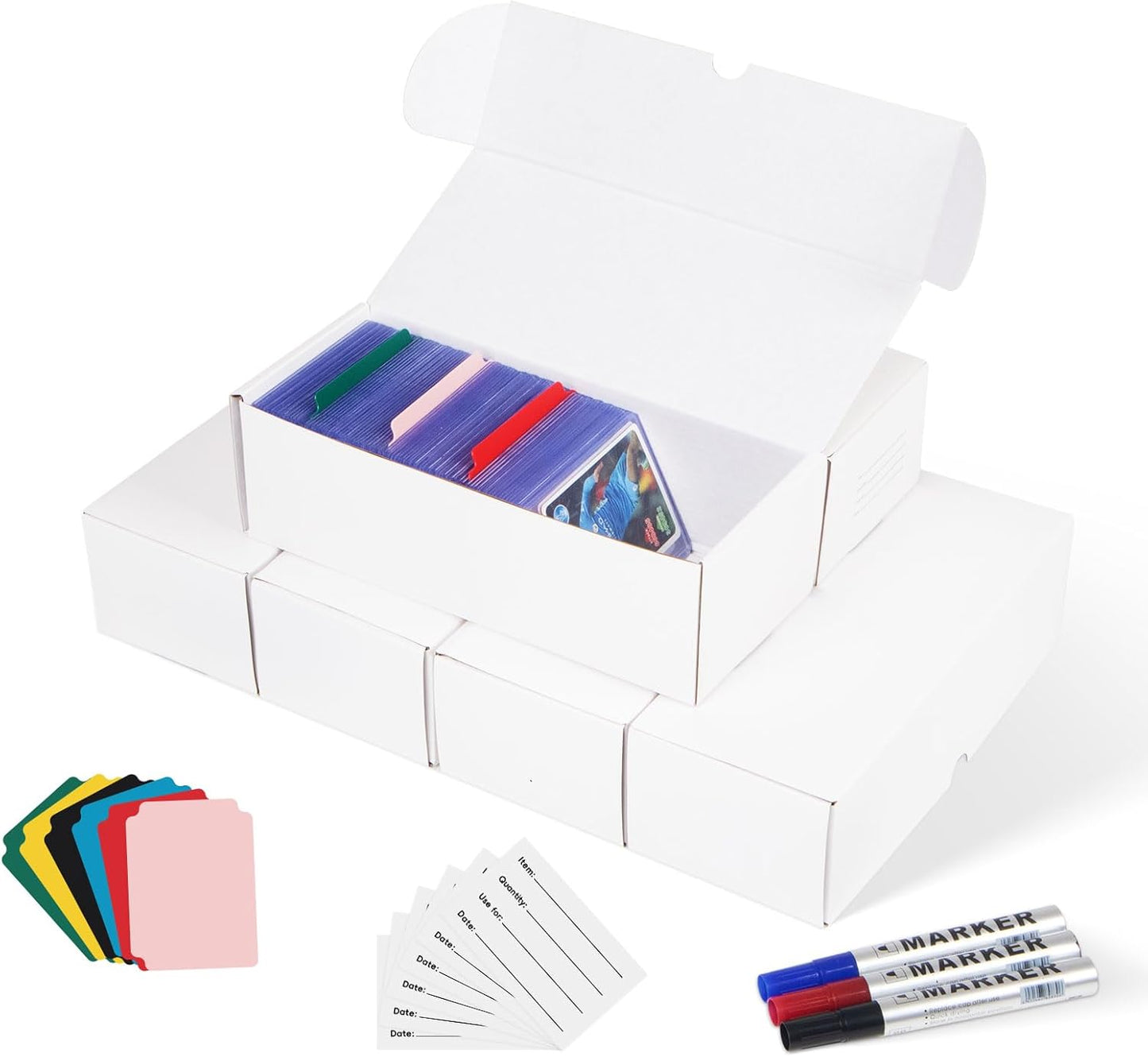 Toploader Storage Box, 6 Packs 900 Count Corrugated Cardboard Storage Box for TCG, Mtg, Sport Cards, Trading Cards, Toploader Collector Boxes with 3 Markers, 6 PCS Multicolor Dividers and Labels