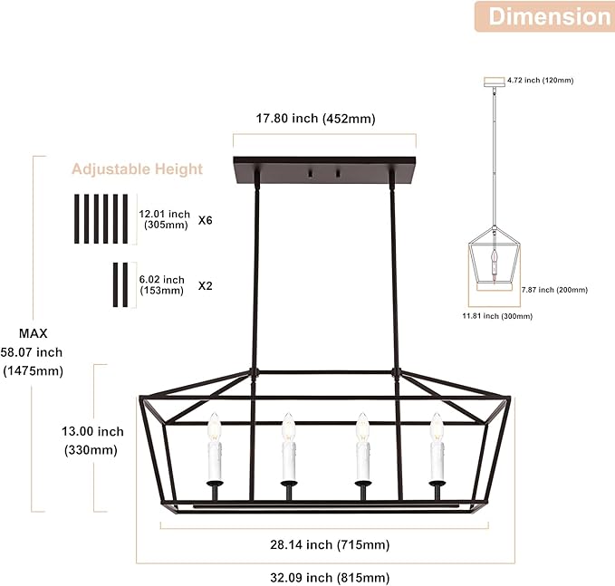 4-Light Kitchen Island Pendant Lighting Fixture, Farmhouse Dining Room Chandelier Over Table, Oil Rubbed Bronze & E12 Bulb Base
