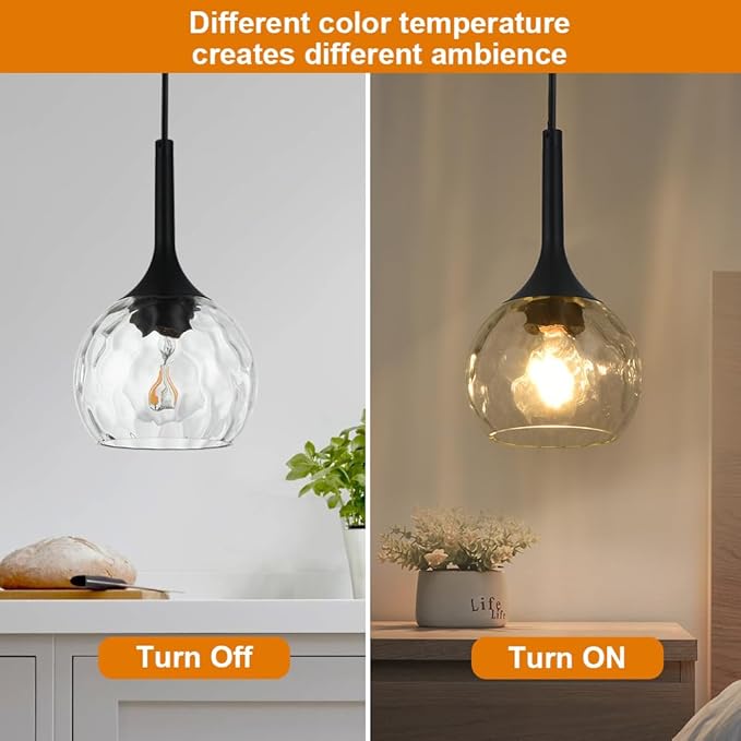 VINLUZ 2 Pack Classic Pendant Light with Round Ribbed Glass Shade, Ceiling Hanging Kitchen Island Chandelier in Black Metal Finish for Dining Room