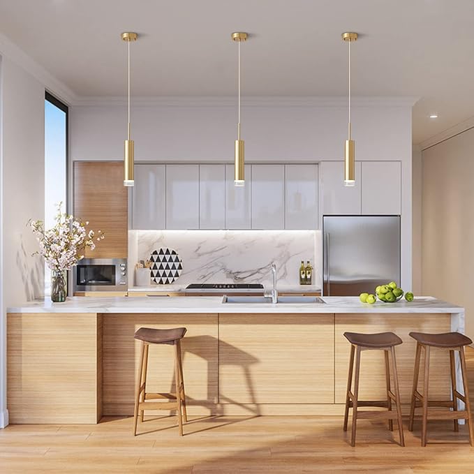 KCO Lighting LED Gold Mini Pendant Light Modern Kitchen Island Ceiling Hanging Light Fixtures Small Cylinder Ceiling Pendant Lighting for Bedroom, Dinning Room (Gold)
