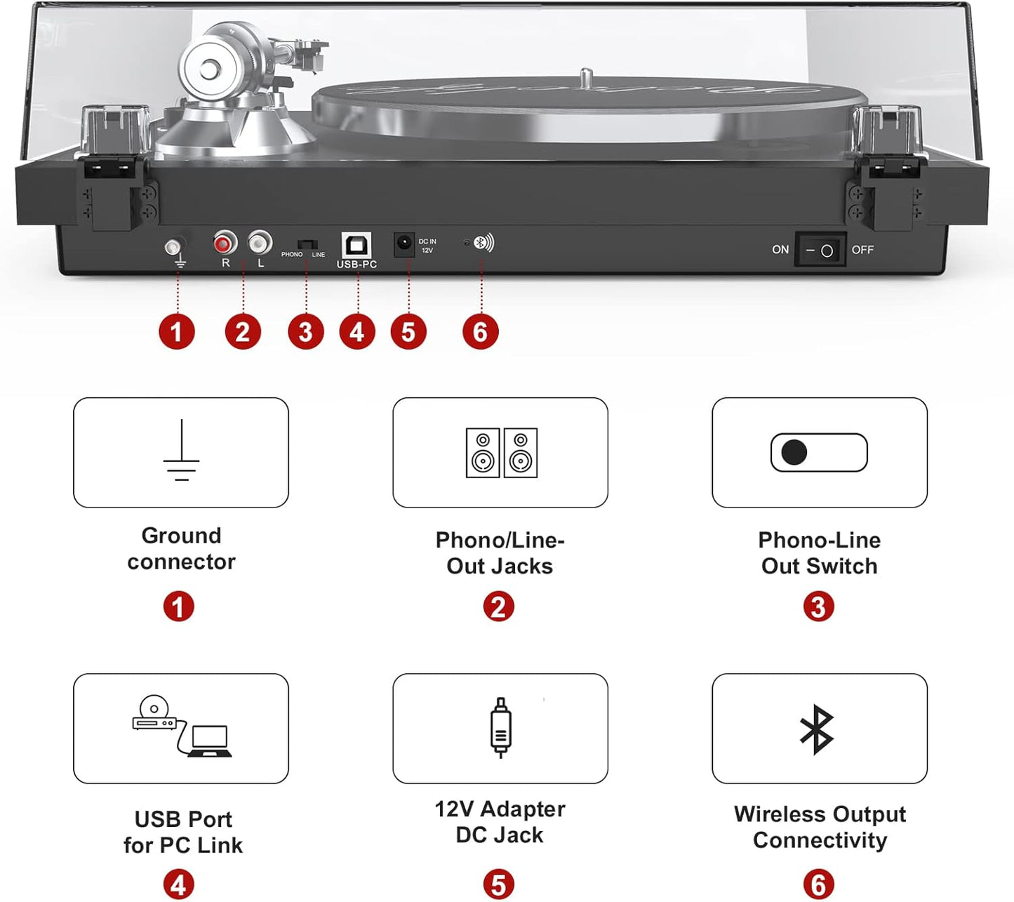 Turntables Record Player Wireless Output Connectivity Vinyl Player Belt-Drive Turn Tables Support 33&45 RPM Speed Phono Line Output USB Digital to PC Recording ATN3600L MM Cartridge Black