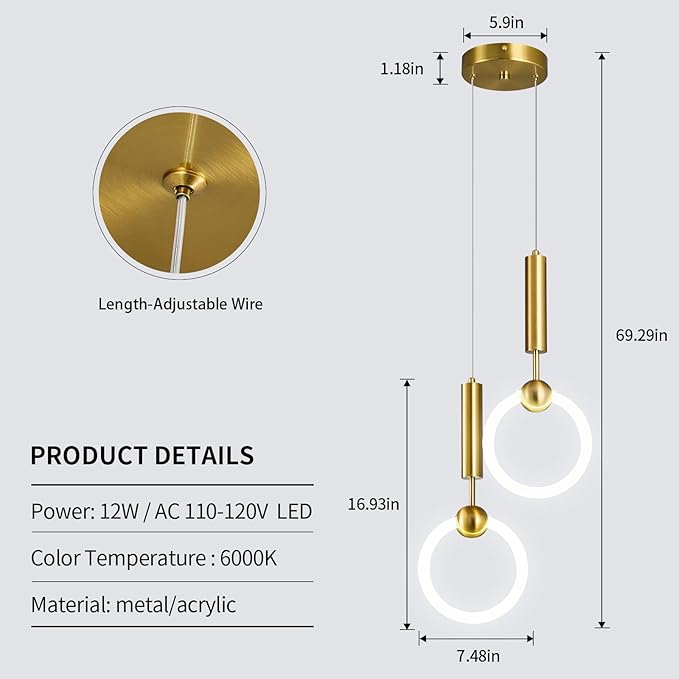 Modern LED Pendant Light Fixtures, Simplicity Gold Pendant Lighting,Circular Hanging Chandelier for Kitchen Island Dining Room Bedroom Entryway Hallway(Gold-2-Light)