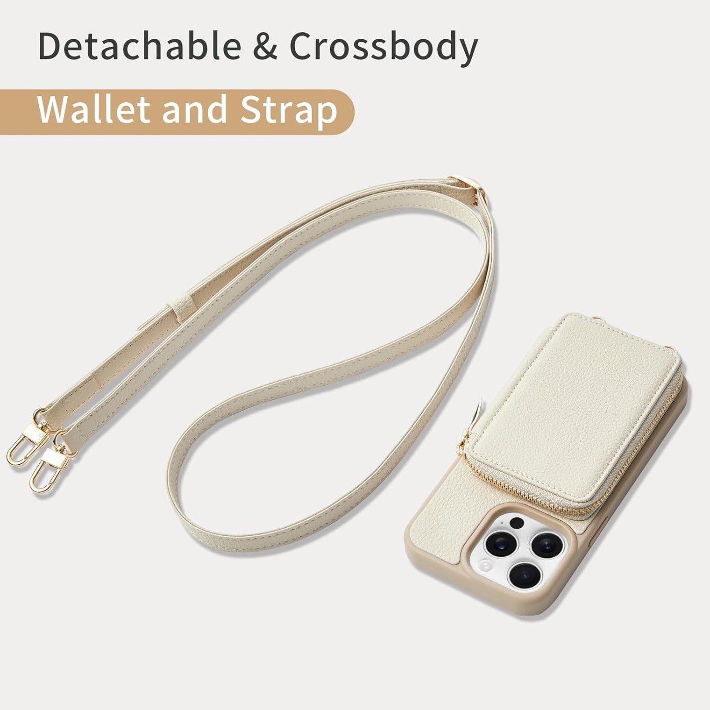 ZVE for iPhone 15 Pro Max Wallet Case, Crossbody Card Holder Phone Purse for Women, RFID Blocking Zipper Leather Cover with Wrist Strap for iPhone 15 Pro Max (6.7 inch)- Beige