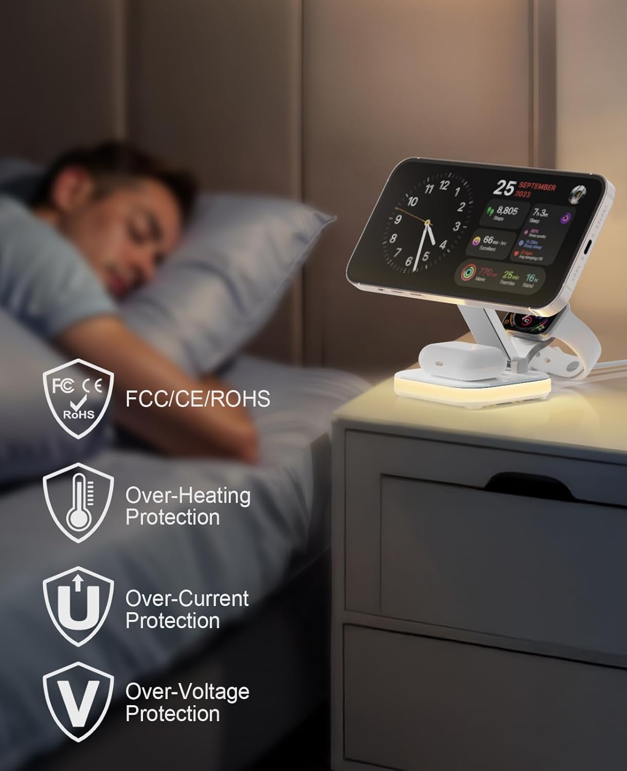 5-in-1 Magnetic Wireless Charging Stand for Apple MagSafe Charger with Night Light for iPhone 16/15/14/13/12, Watch, AirPods, Travel Magnetic Charger Nightstand Charging Station (Adapter Included)