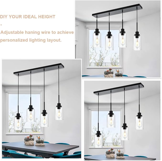 Black Pendant Light Fixtures with Clear Glass, 4-Lights Adjustable Height Hanging Ceiling Lights, Kitchen Island Lighting for Living Room Office Bar Farmhouse