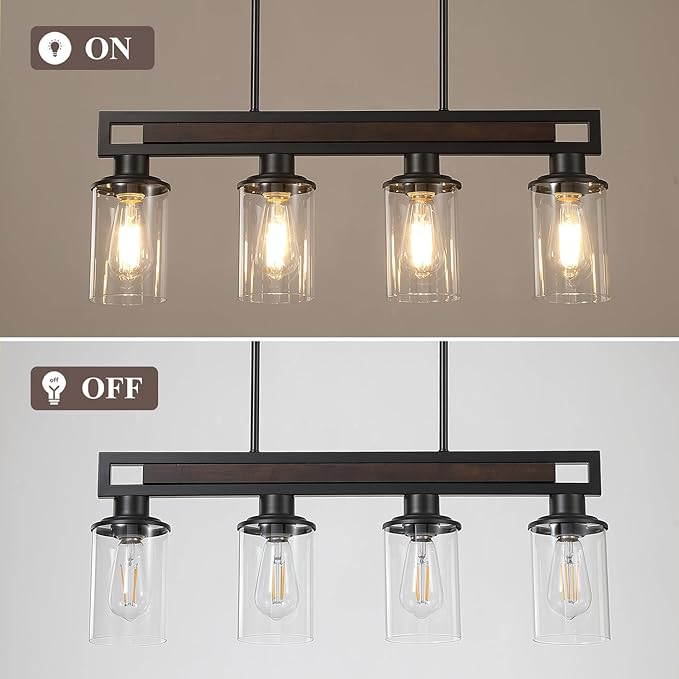 Farmhouse Dining Room Light Fixture, 4-Light Wood Kitchen Island Lighting for Dining Room Over Table, Black Adjustable Pendant Light with Clear Glass Shades, Linear Chandeliers Lighting for Kitchen