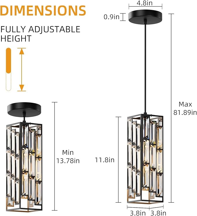 Black Pendant Lights Modern Pendant Light Fixture, Mini Crystal Pendant Ceiling Light, Pendant Light for Kitchen Island, Dinning Room, Bedroom, Kitchen Sink Lighting (3-Pack)