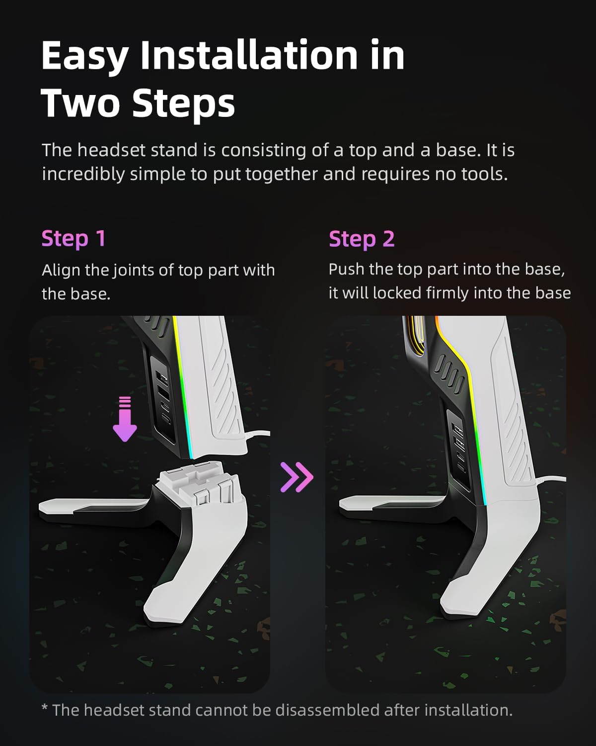 RGB Gaming Headset Stand with 2 USB and 1 Type-C Ports, Game Headphone Mount for PC Computer, Xbox One, Xbox Series S/X, PS5, PS4, Earphone Holder Hanger, Desk Gamer Accessories, Black&White