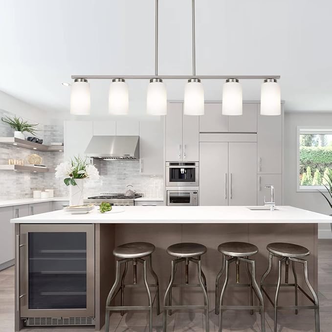 TODOLUZ 6-Lights Farmhouse Pendant Light Fixture Kitchen Island Lights with Opal White Glass Shade, Hanging Ceiling Light in Brushes Nickel for Dining Room Home Lighting