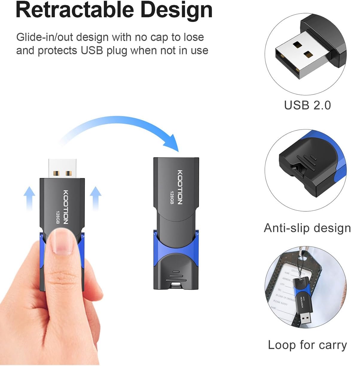 KOOTION 128GB Flash Drive 3 Pack USB Flash Drives Multicolor USB Drive Retractable Thumb Drive USB 2.0 Flash Drive Zip Drives High Speed Jump Drives with LED Indicator - 3Pack (Red, Green, Blue)