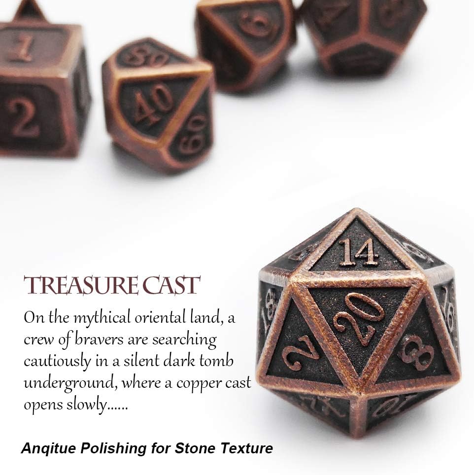 Haxtec Antique Copper Metal DND Dice Set 7 Die Polyhedral D&D Dice Compatible with Dungeons and Dragons Gift TTRPG