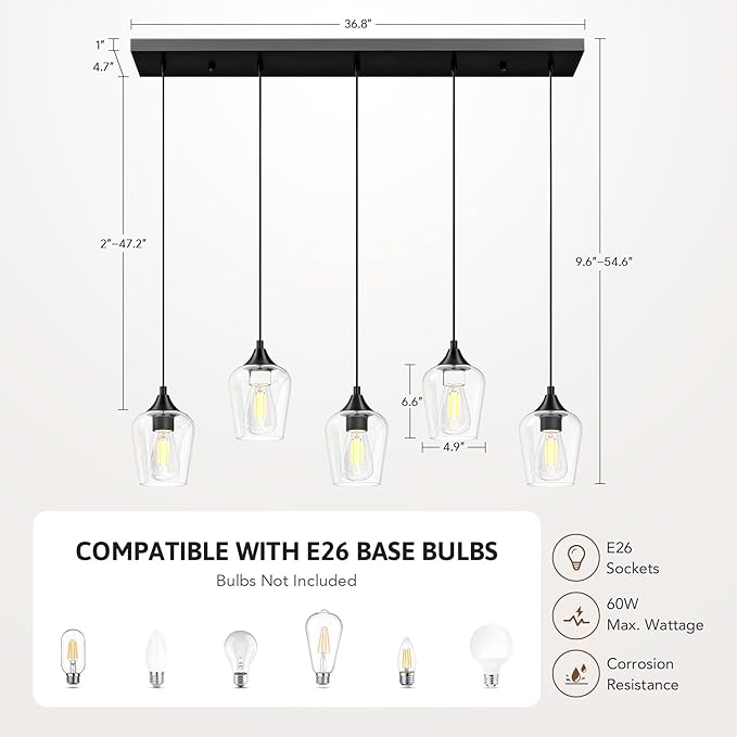VONLUCE Pendant Lights Kitchen Island, Brushed Nickel Pendant Light Fixtures with E26 Base & Adjustable Cable, Modern Pendant Lighting with Glass Shade for Living Room Bedroom Hallway, 4 Packs