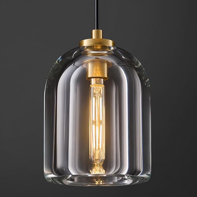 Crystal Pendant Light Kitchen Island: 5.1" Vintage Brass Hanging Lights above Dining Table - Modern K9 Crystals Lighting over Kitchen Sink - Luxury Gold Cylinder Pendants Light Fixtures Bulbs Included