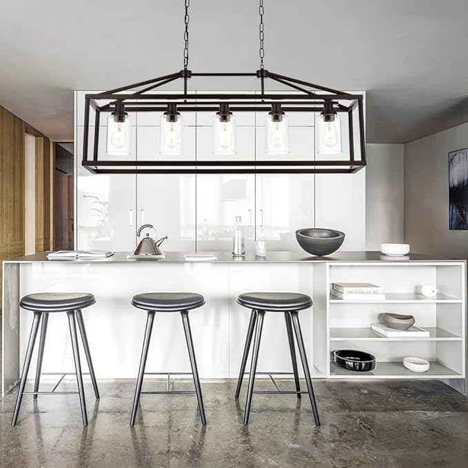 BONLICHT Industrial Rustic Farmhouse Chandelier 5 Light Modern Rectangle Dining Room Light Fixture Hanging Oil Rubbed Bronze Kitchen Island Cage Pendant Lighting with Clear Glass Shade for Hallway Bar