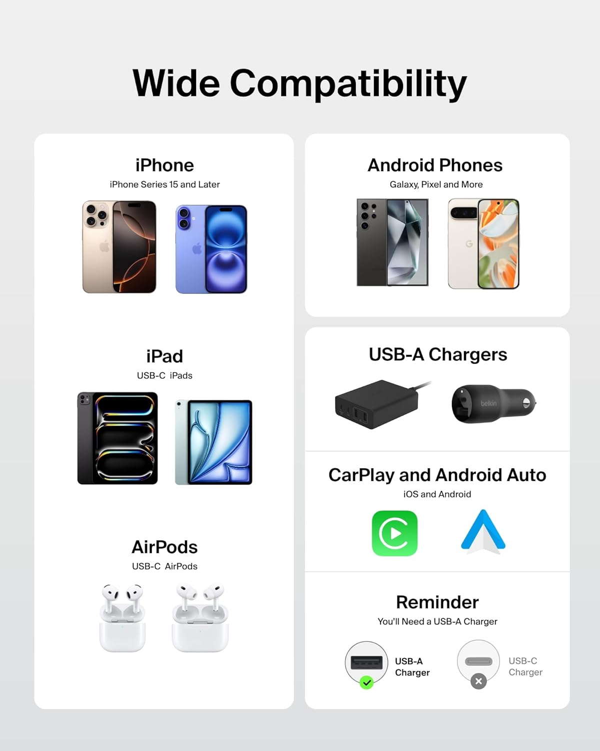 Belkin USB A to USB C Cable 2-Pack, 9.9ft, 15W - Type C Charger, iPhone Charger Cord, Soft, Braided, Flexible for iPhone 16 & 15, Galaxy S25, Pixel 9, iPad Pro, Airpods Pro, Switch & More - White