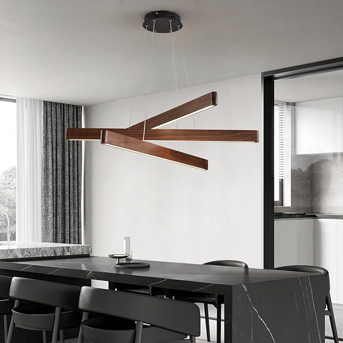 3-Light Linear Pendant,Dining Room Light Fixture,Modern Led Chandeliers for Living Room,Dimmable Wood Ceiling Pendant Light,45W for Living Room,Dining Room,Kitchen Island,Walnut Color