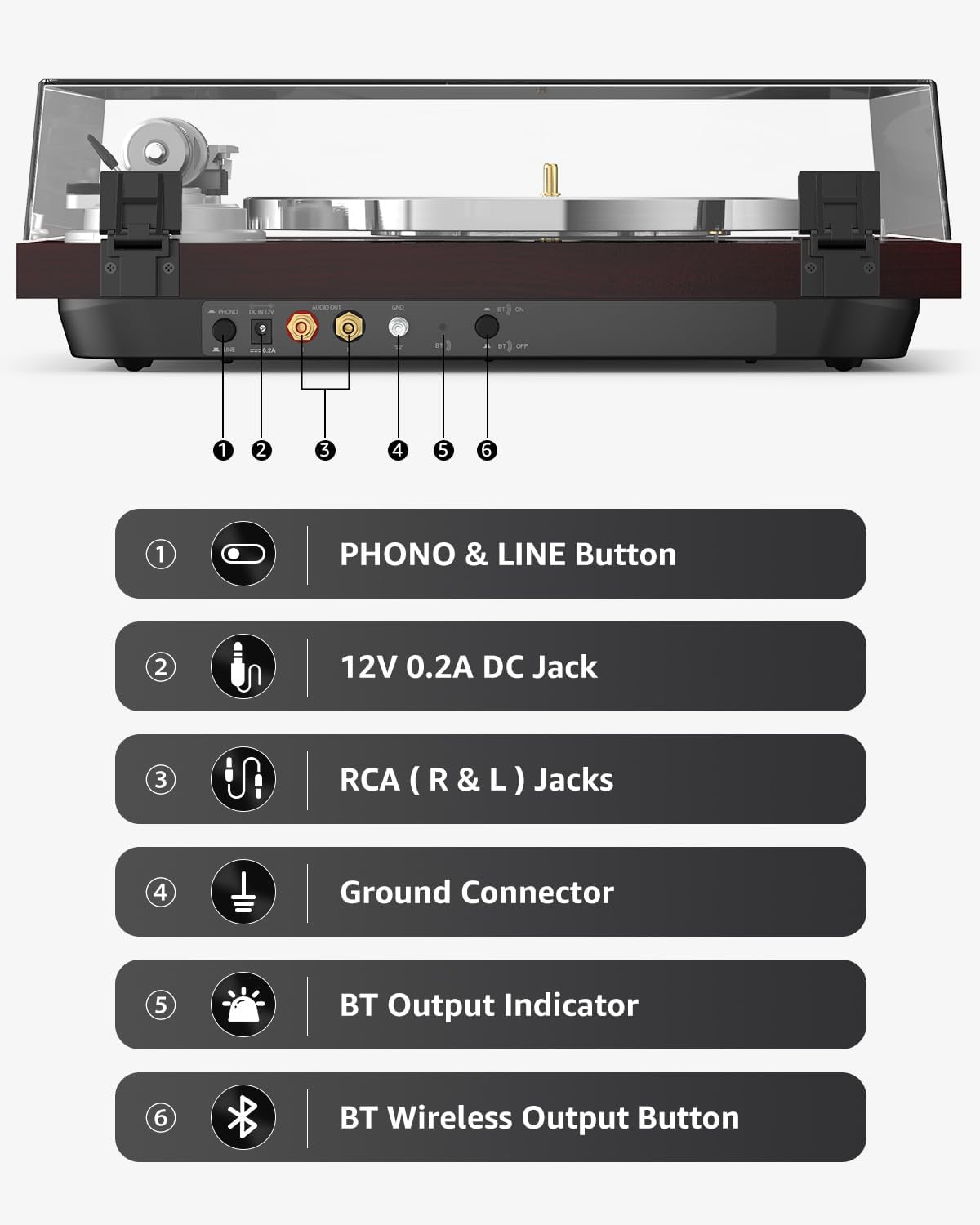Turntable Record Player Wireless Output Carbon Fiber Tonearm Vinyl Player Aluminium Platter Belt-Drive LP Turn Tables 33 1/3&45 RPM Audio Phono RCA Line Out AT-3600L MM Cartridge Pale Walnut Red
