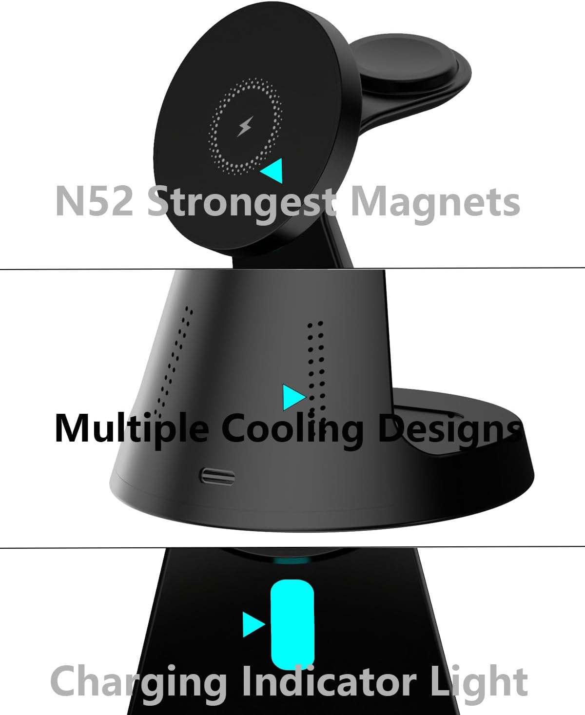 Wireless Charger Compatible with Mag-Safe,3 in 1 Charging Station for iPhone16/15/14/13/12 Series, Apple Watch,AirPods,15W Fast Charging (USB-C Adapter Included)