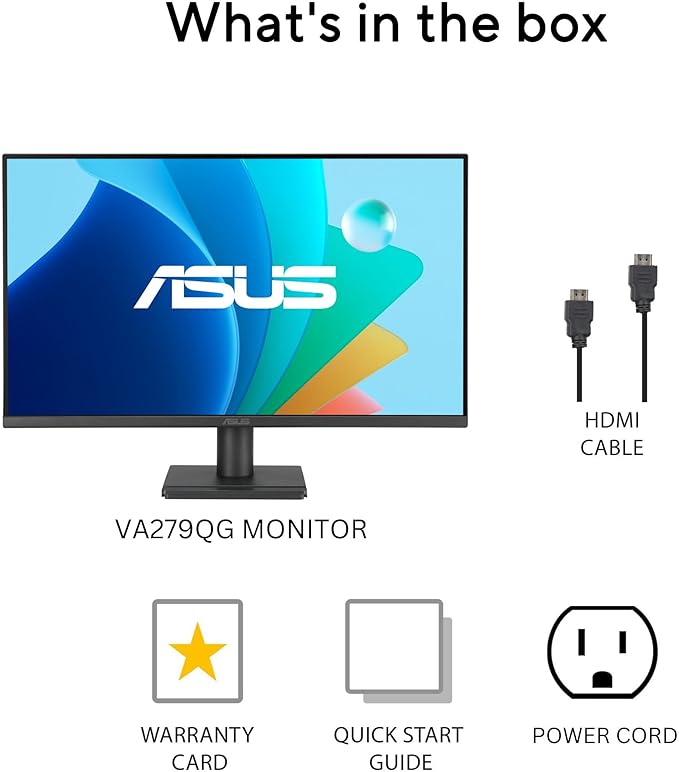 ASUS 27” Eye Care Monitor (VA279QG) – IPS, Full HD, 99% sRGB, Frameless, 120Hz, Adaptive-Sync, 1ms, Speakers, HDMI, DisplayPort, VGA, Low Blue Light, Flicker Free, Wall Mountable, 3 yr Warranty