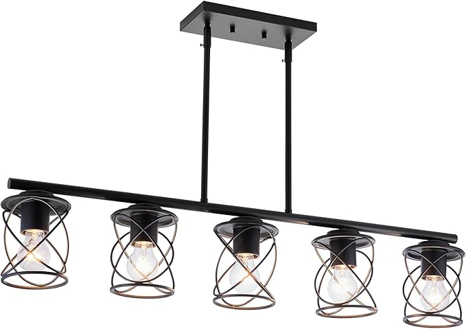 Kitchen Island Light, 5-Light Dining Room Lighting Fixtures Hanging, Farmhouse Linear Pendant Light for Kitchen Island Table Living Room with Adjustable Rods, Black Metal